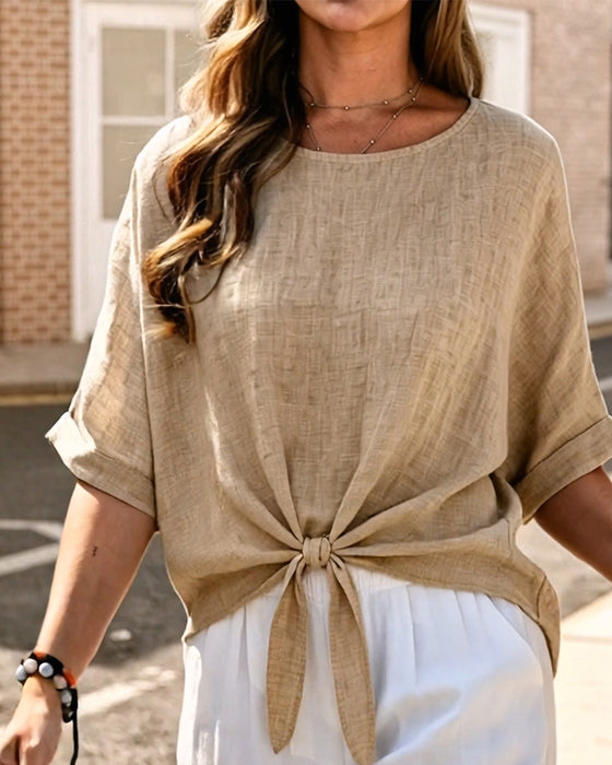Blouse Ronde Hals Strik Korte Mouw