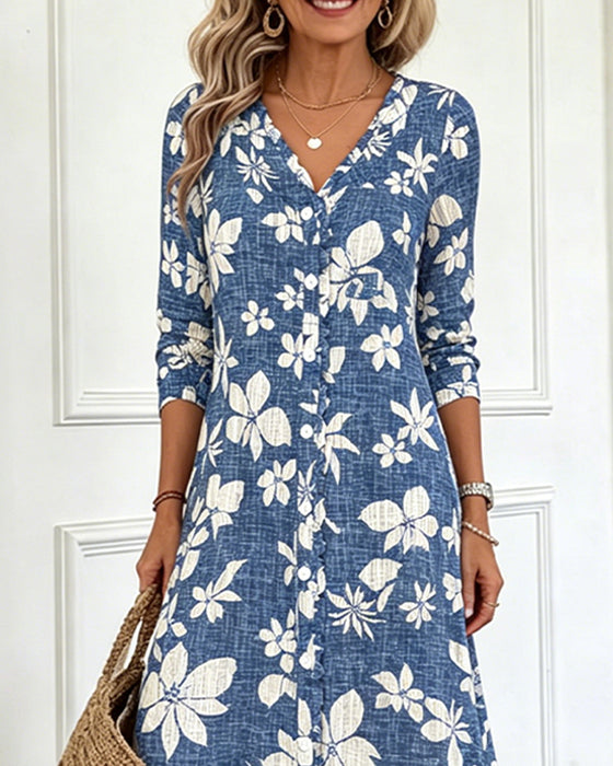 Jurk V-Hals Bloemen Overhemd