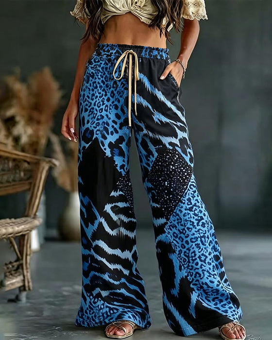 Broek Luipaard Print Patchwork Wijde Pijp Casual