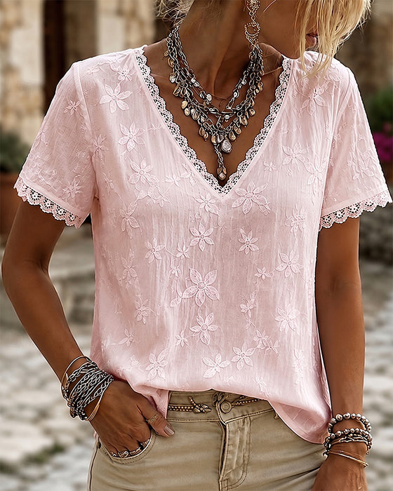 Blouse V-Hals Kant Korte Mouw