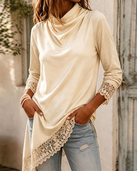 Top Mock Neck Kant Patchwork Onregelmatig