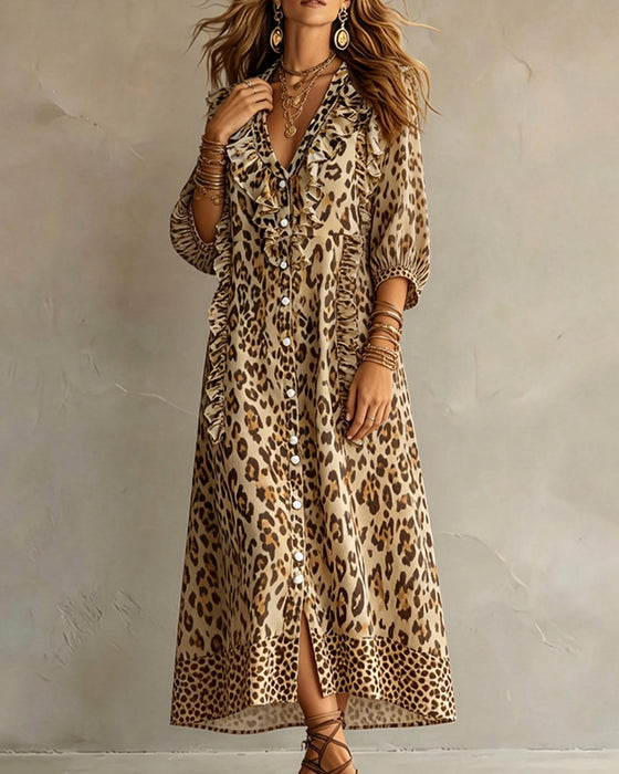 Jurk Luipaardprint Gerimpelde Zoom Maxi