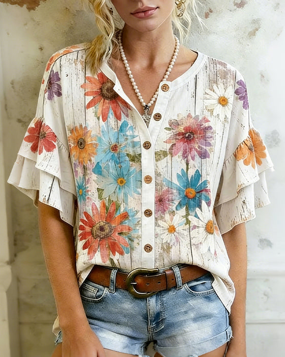 Blouse Madeliefjesprint Korte Mouw