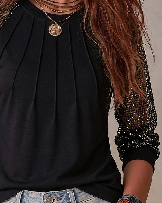 Blouse Ronde Hals Geplisseerd Ruitpatroon