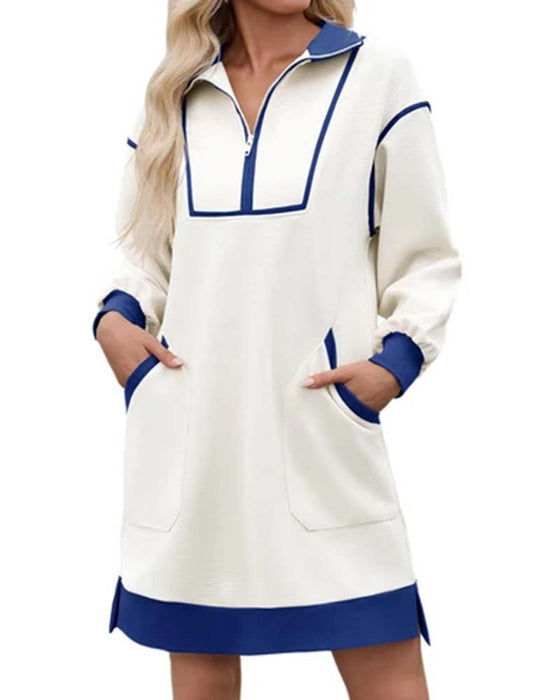 Jurk Half Zip Lange Mouw Kleurblok Kort