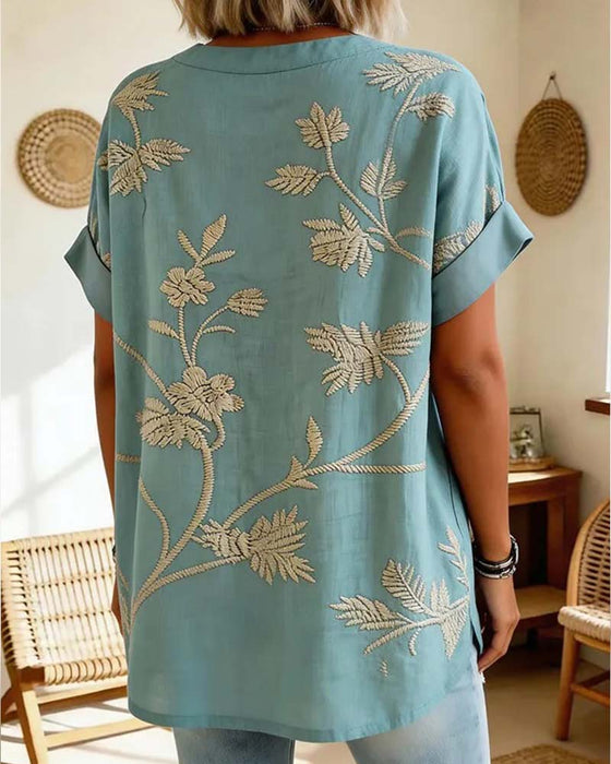 Blouse V-Hals Met Print Korte Mouwen