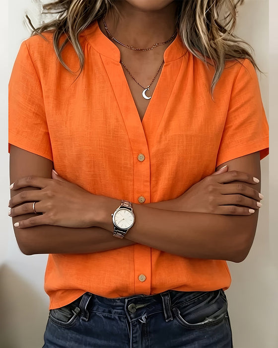 Blouse Staande Kraag Dichtknopen Korte Mouw