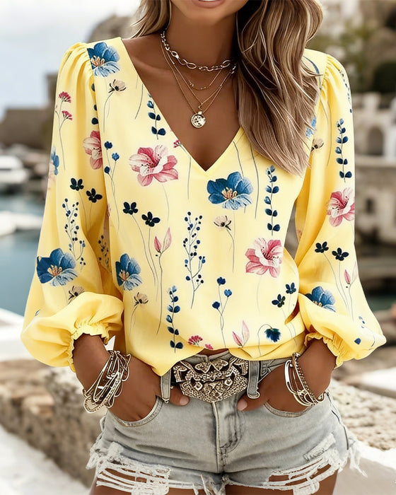 Blouse Lantaarn Mouw V-Hals Bloemig