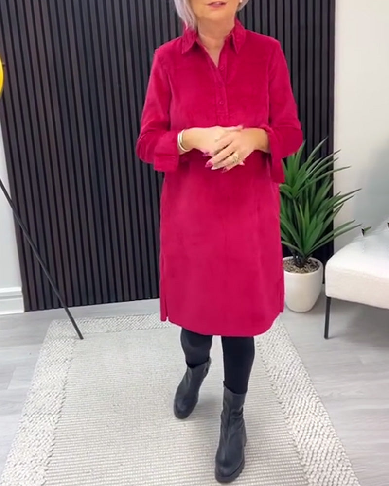 Effen Kleur Langmouwige Jurk Met Revers