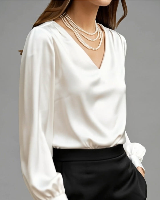 Blouse V-Hals Pofmouw Effen Kleur