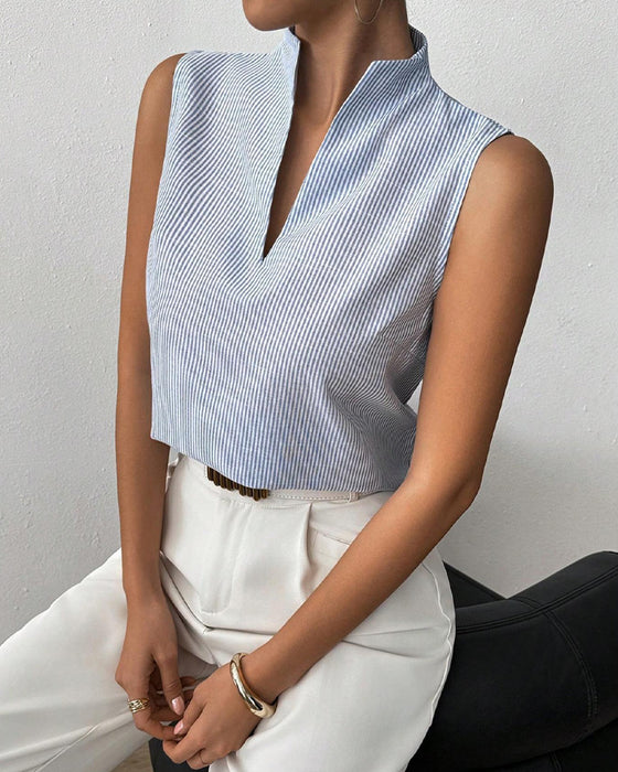 Mouwloze V-Hals Gestreepte Blouse