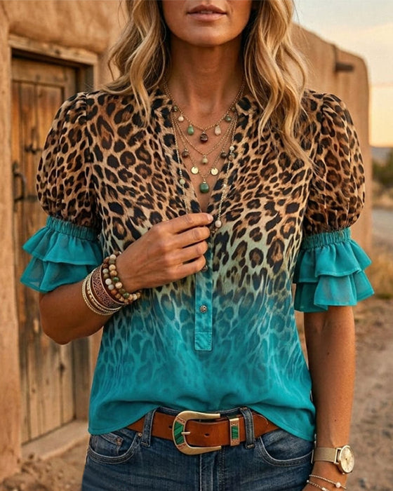 Luipaardprint V-Hals Verloop Ruche Blouse