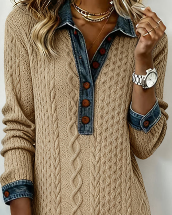 Jurk Met Kraag Van Denim, Kabelssteek En Patchwork