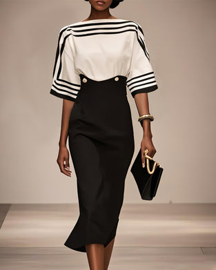 Jurk Stijlvol Gestreept Contrast Taille