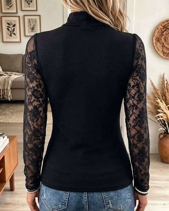 Top Hoge Hals Opengewerkt Kant Patchwork Slim-Fit