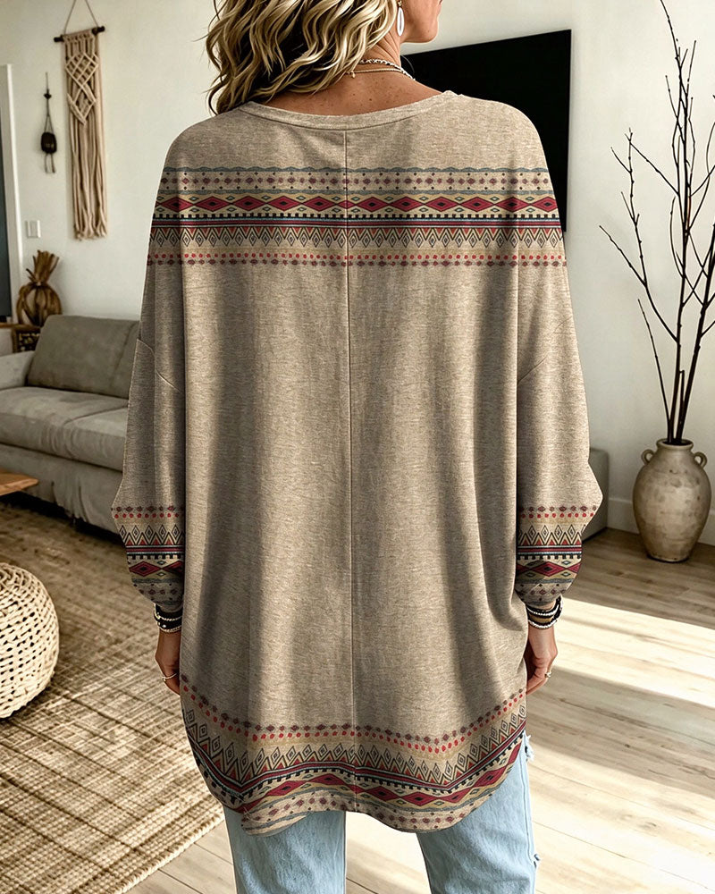 Top V-hals Geprint Contrastrijk Lange Mouw Loose