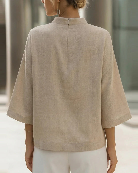 Blouse Staande Kraag Driekwart Mouw Effen