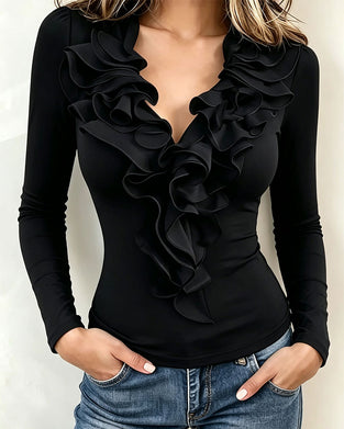 Top V-Hals Ruches Effen Kleur