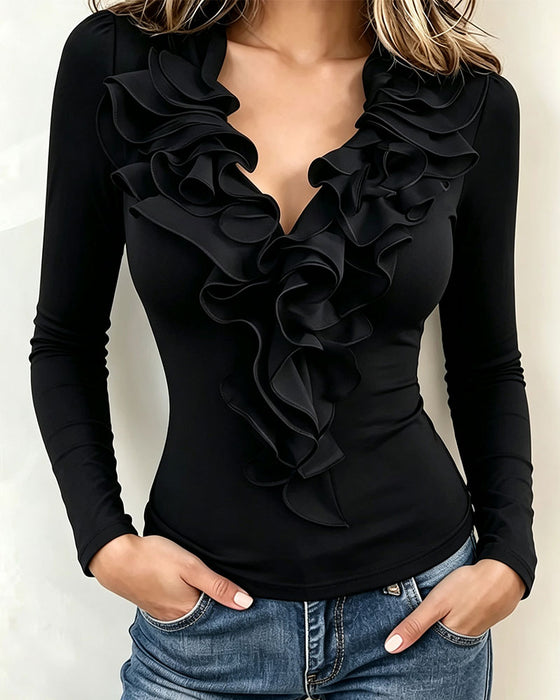 Top V-Hals Ruches Effen Kleur