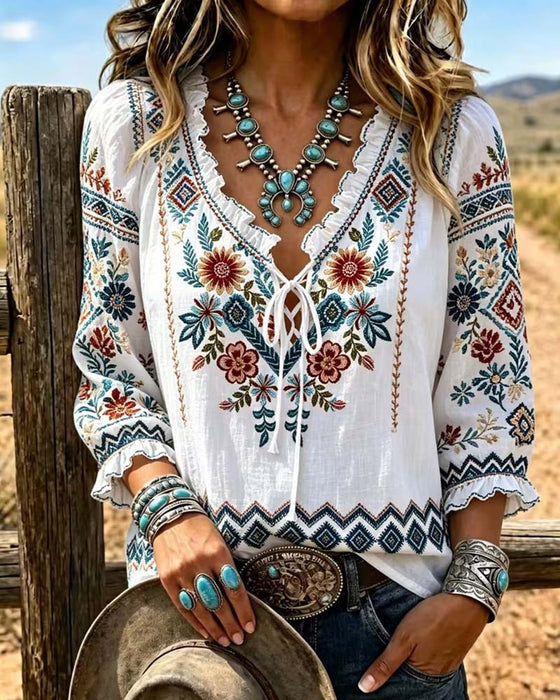 Blouse V-Hals Bohemien Ruffle