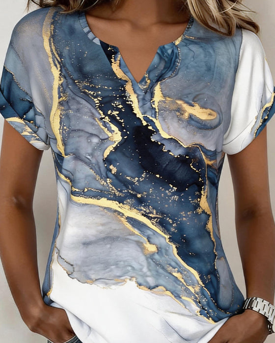 T-Shirt Marmer Print V-Hals