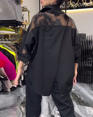 Revers kanten patchwork bloemenblouse