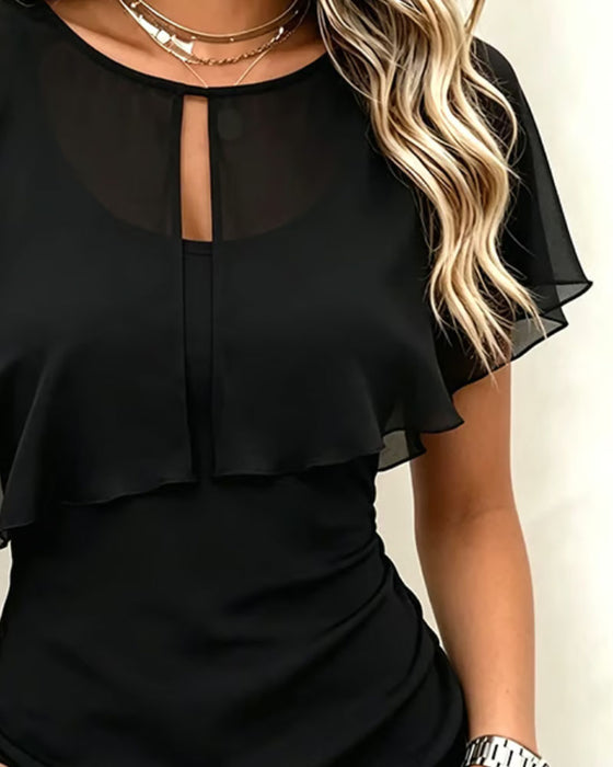 Top Uitsparing Bretels Ruches Effen Kleur