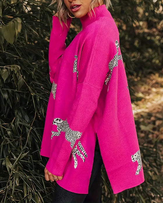 Stijlvolle losse pullover met hoge hals en luipaardprint