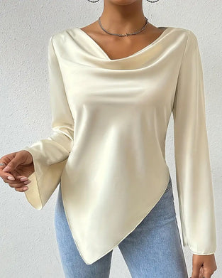 Casual effen kleur geplooide blouse met onregelmatige lange mouwen