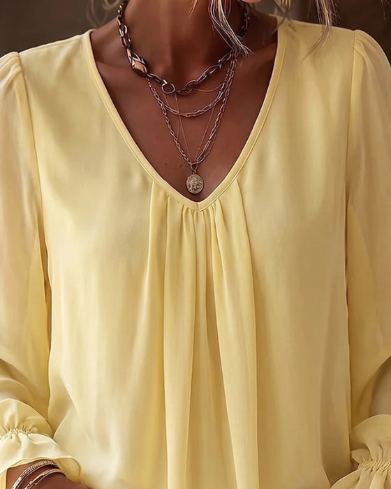Blouse V-Hals Gerimpeld Pofmouw Ruffle