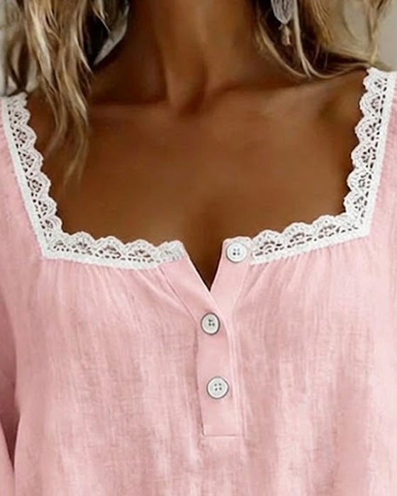 Blouse Met Vierkante Hals Kant Pofmouwen