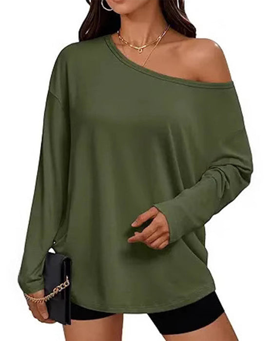 T-Shirt Een-Schouder Effen Lange Mouw