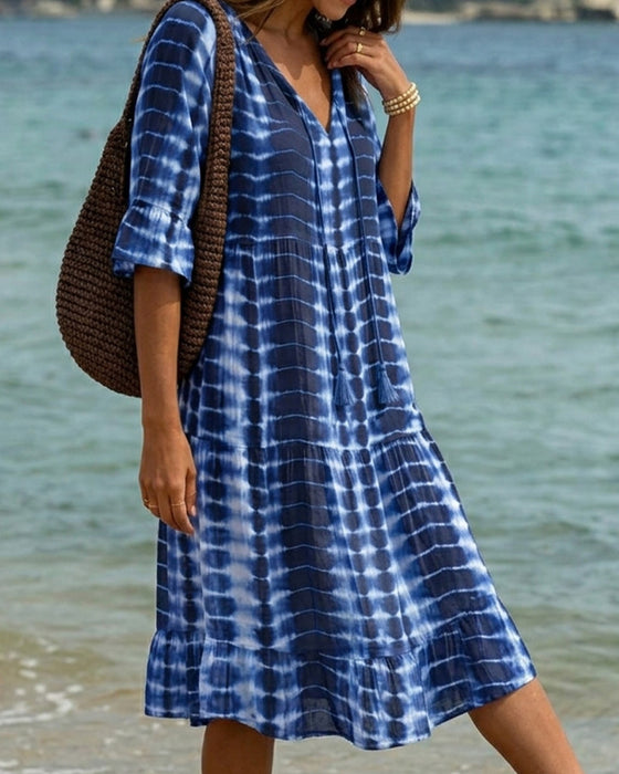 Jurk V-Hals Blauwe Toon Print