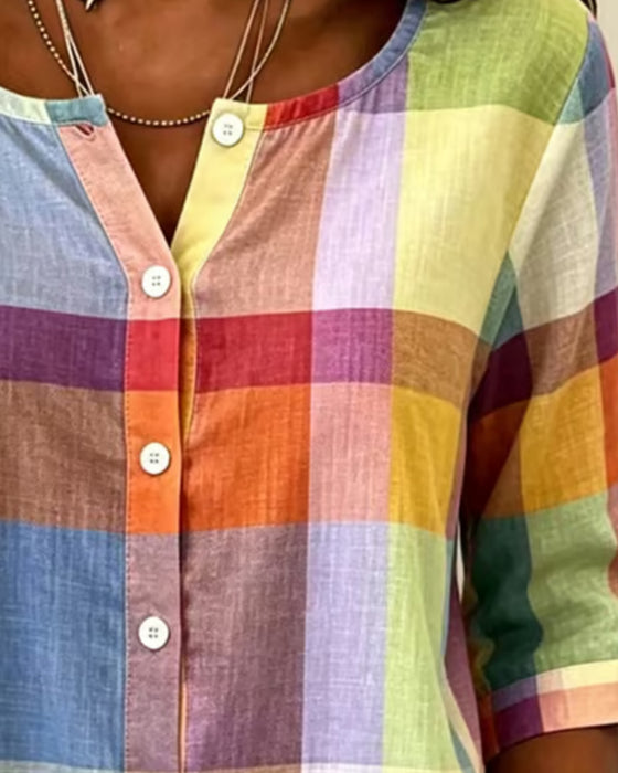 Blouse Kleurrijk Geruit Knoop Voor Relaxed