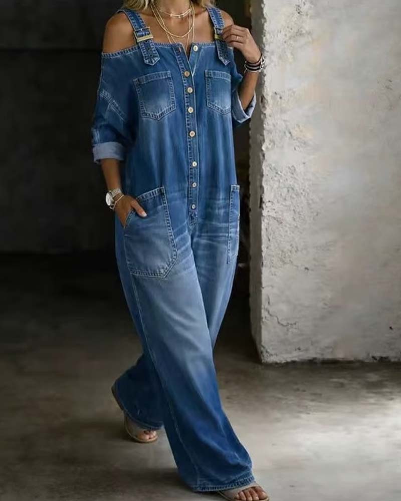 Jumpsuit Spaghettiband Koele Schouder Wijd Been Denim