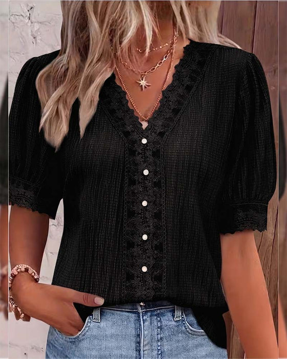 Blouse Kant Patchwork V-Hals Pof Mouw