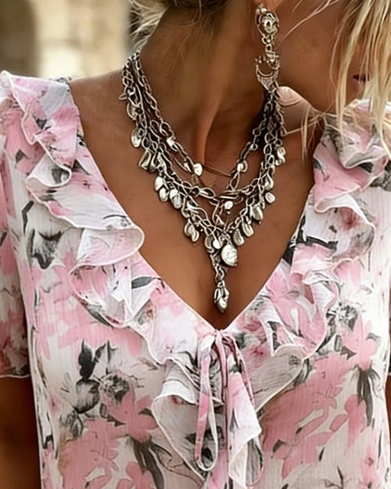 Blouse V-Hals Ruffle Ballon Mouw