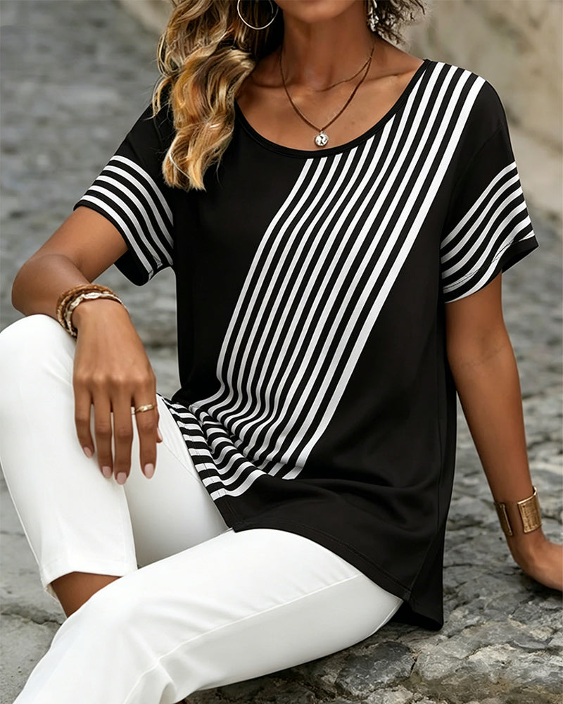T-Shirt Diagonale Streep Patchwork Rondhals