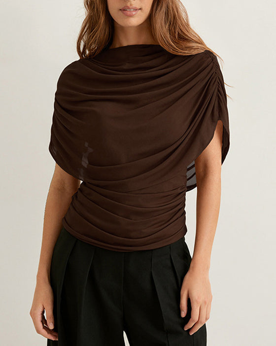 Blouse Mesh Sjaal Hals Gedrapeerd Slim Fit