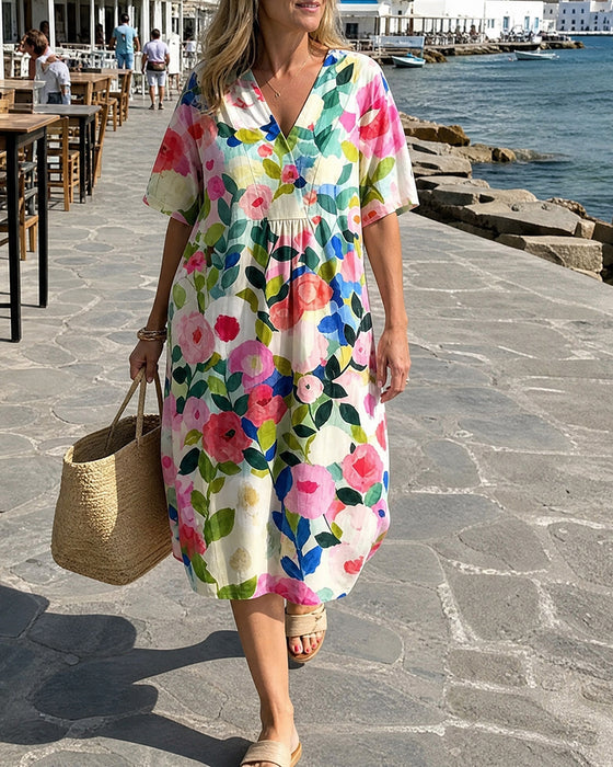 Jurk Aquarel Bloemen V-Hals