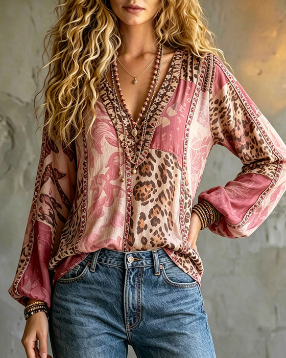 Blouse V-Hals Luipaardprint Kleurblok Lantaarnmouw