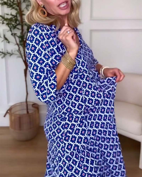 Casual jurk met V-hals en driekwartmouwen met print