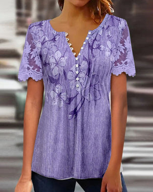 Blouse Met Kanten Inzet Ronde Hals Bedrukt