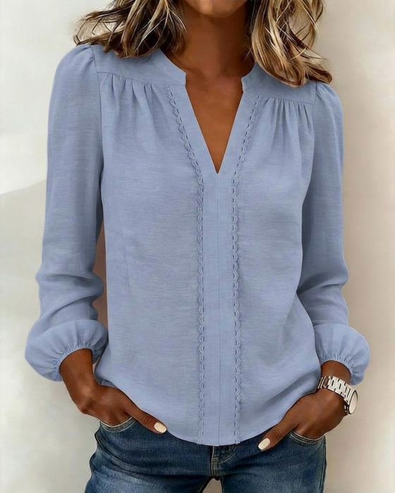 Effen Top Met V-Hals En Patchworkdetail