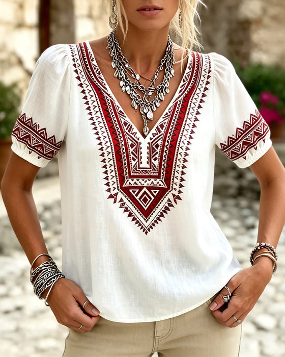 Blouse V-Hals Bohemien Ballon Mouw