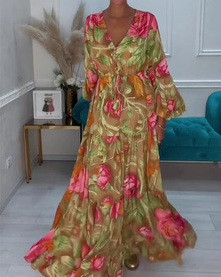 Jurk V-Hals Volle Rok Bloemen