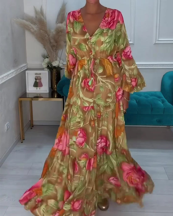 Jurk V-Hals Volle Rok Bloemen
