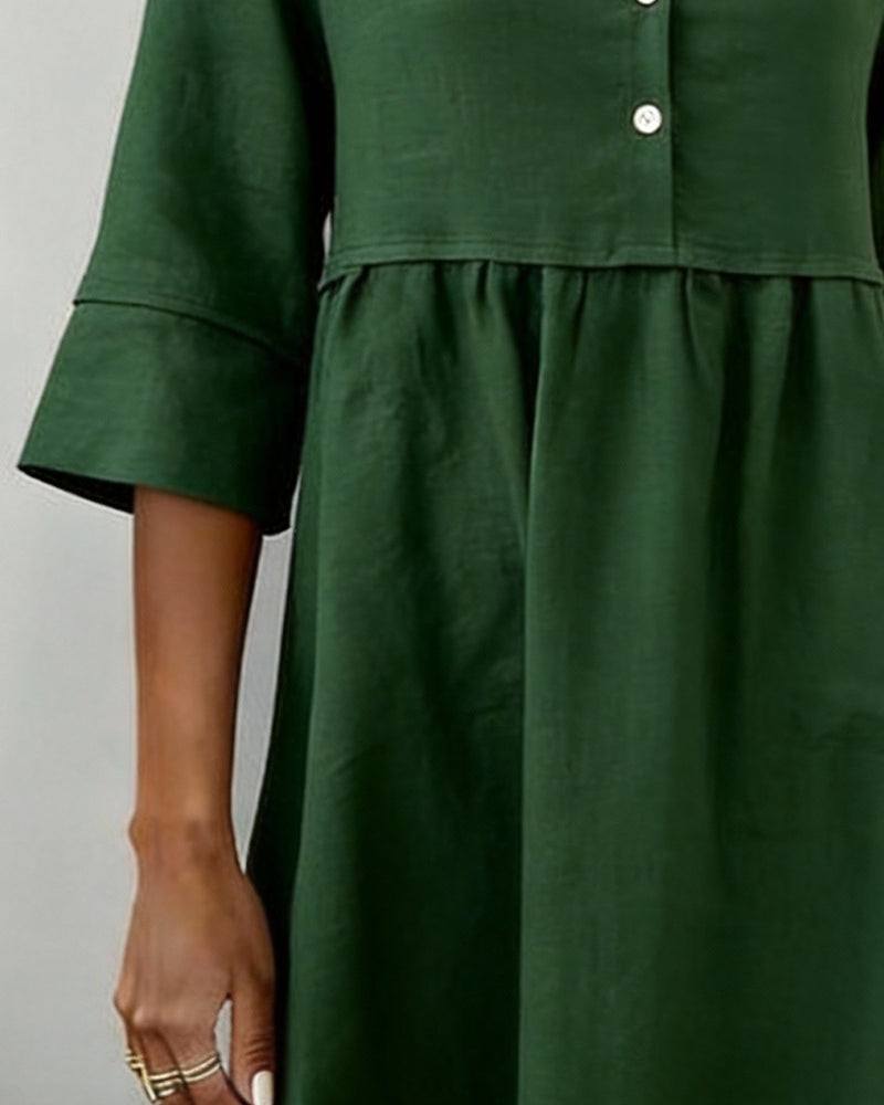 Jurk Linnen-Mix Driekwart Mouw Geplooid A-Lijn