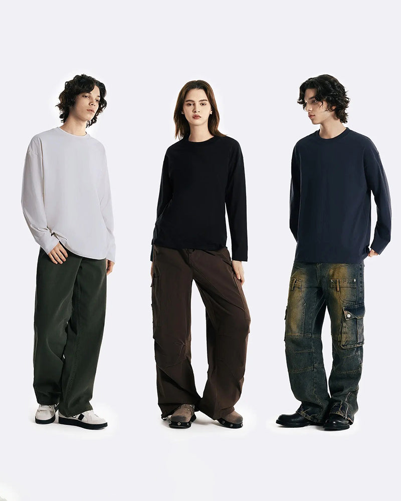 T-Shirt Heren Ronde Hals Lange Mouw Split