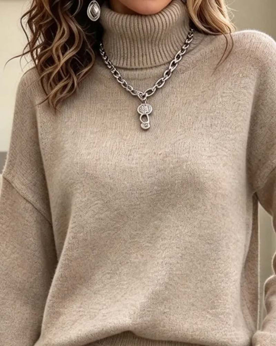 Set Hoge Kraag Pullover Lange Mouw Geplooide Rok